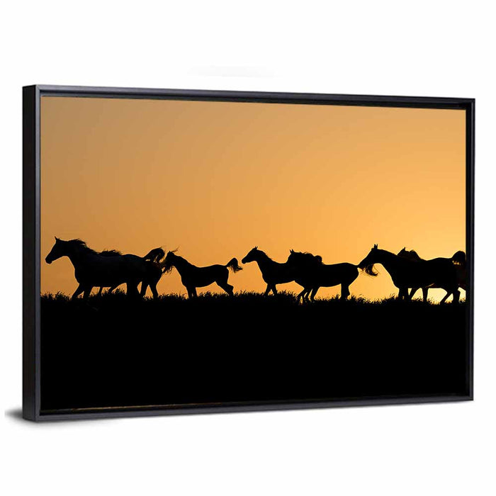 Arabian Horse Silhouettes at Sunset Wall Art as a framed canvas