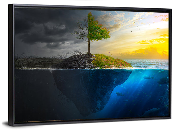 Split Island Tree of Duality Wall Art as a framed canvas