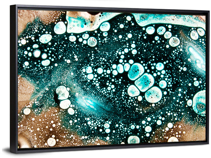 Teal Oil and Water Bubble Abstract Wall Art as a framed canvas