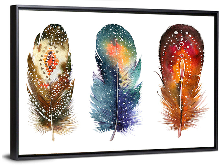 Boho Watercolor Feather Trio Wall Art as a framed canvas