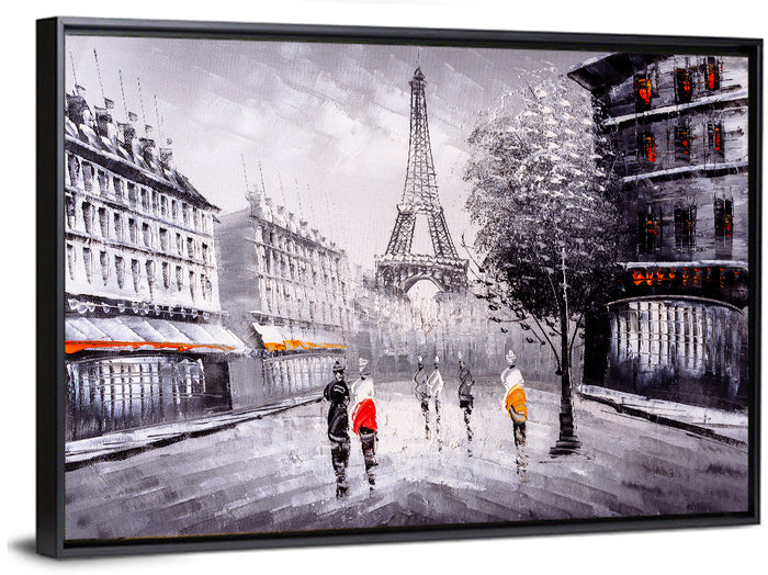 Paris Street with Eiffel Tower Wall Art as a framed canvas