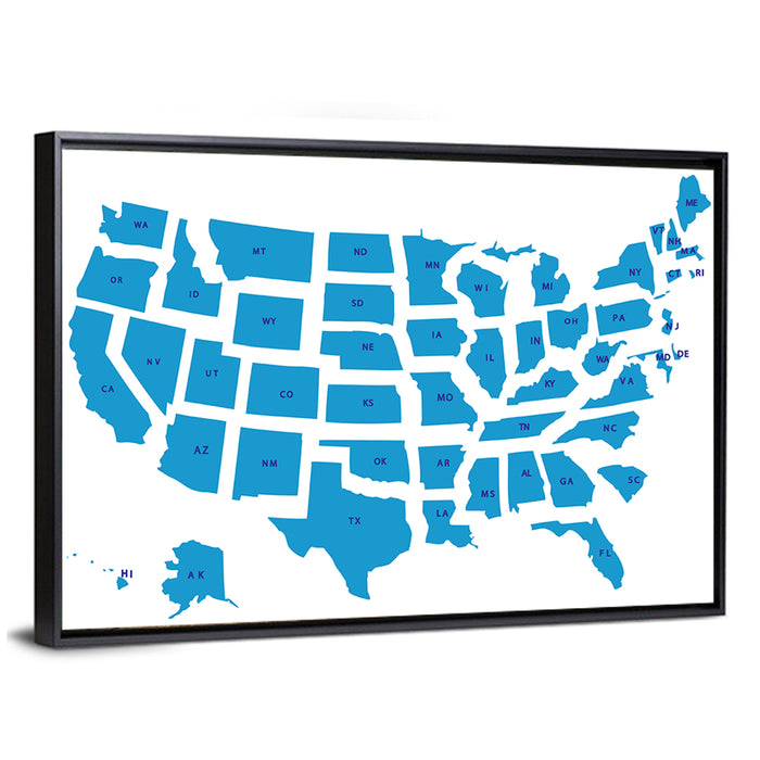 Blue Minimalist USA Map Wall Art as a framed canvas