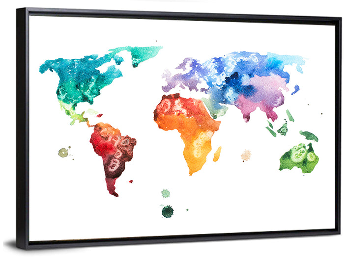 Multicolor Watercolor World Map Wall Art as a framed canvas
