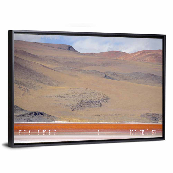 Flamingos at Laguna Colorada Wall Art as a framed canvas
