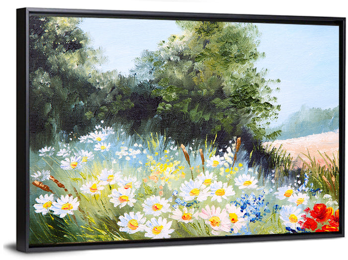 Sunny Daisy Meadow with Red Poppies Wall Art as a framed canvas