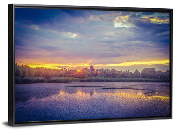 Danube Delta Golden Sunset Wall Art as a framed canvas