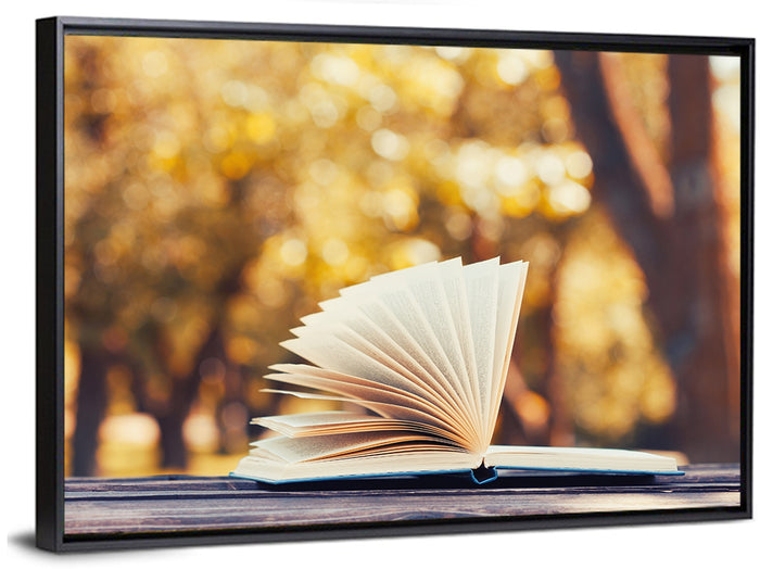 Open Book in Golden Autumn Light Wall Art as a framed canvas