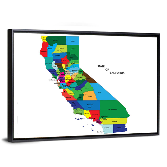 California Map with Colored Counties Wall Art as a framed canvas