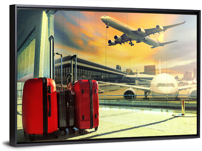 Suitcases at the Airport Window Wall Art as a framed canvas