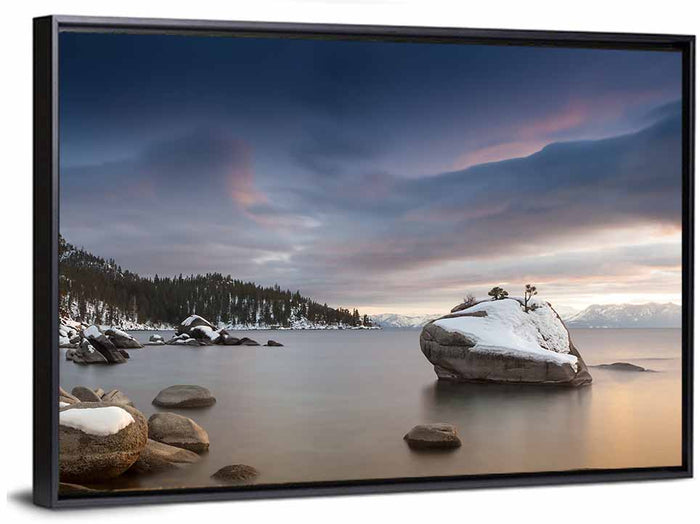 Bonsai Rock Winter Sunset Wall Art as a framed canvas