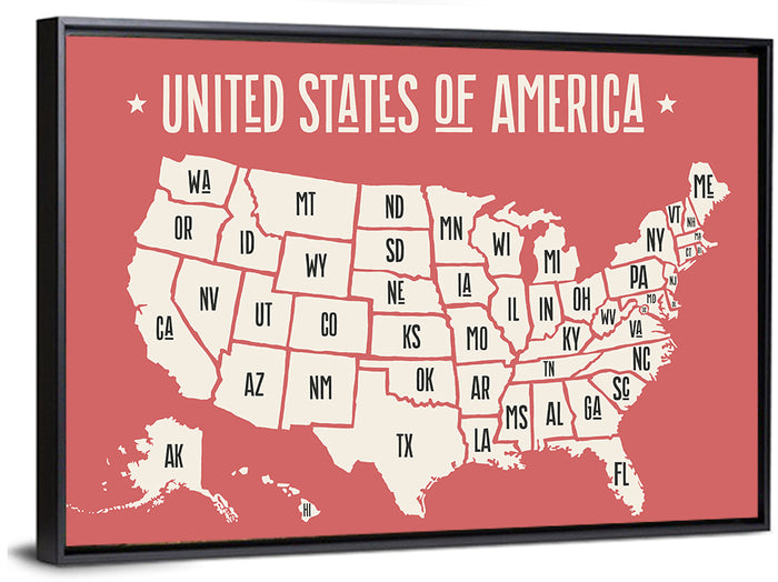 United States Map with State Abbreviations Wall Art as a framed canvas