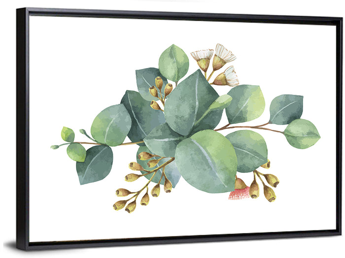Eucalyptus Leaves with Pink Blossom Wall Art as a framed canvas