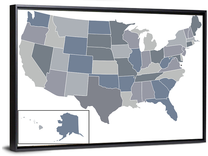Minimalist USA Map in Blue and Grey Wall Art as a framed canvas