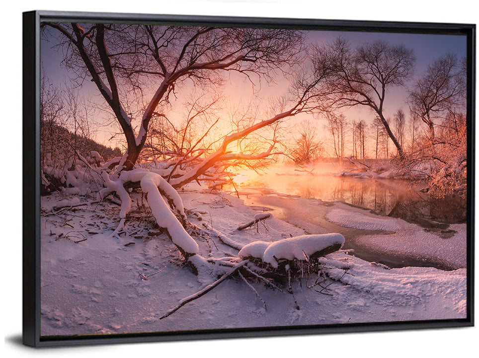 Snowy Forest Lake Sunset Wall Art