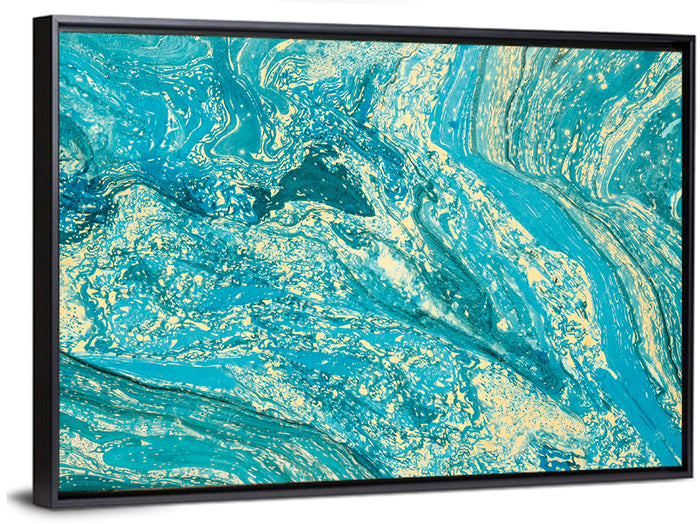 Teal Marble Swirls Abstract Wall Art as a framed canvas