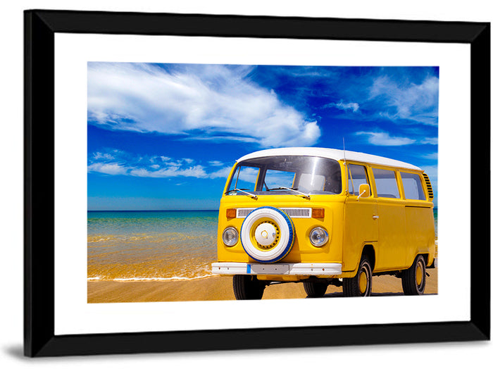 Yellow Vintage Van on Beach Wall Art as a framed print