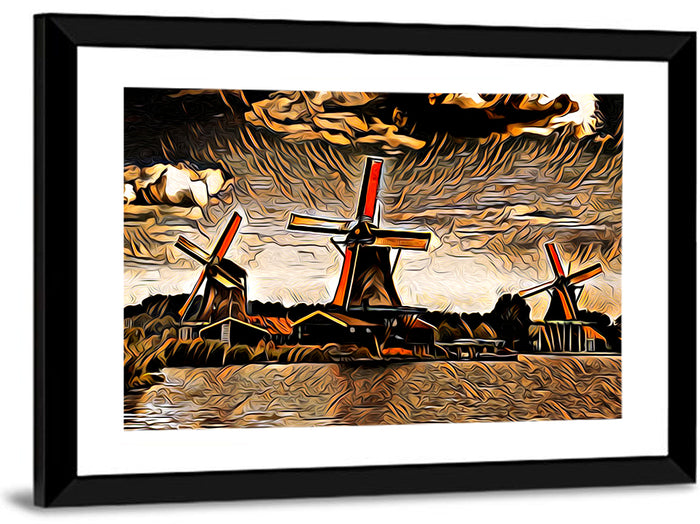 Retro Windmills at Sunset Wall Art as a framed print