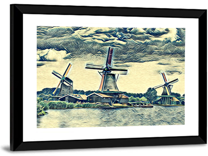 Three Vintage Windmills Wall Art as a framed print