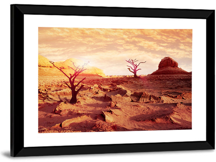 Gnarled Trees at Desert Sunset Wall Art as a framed print