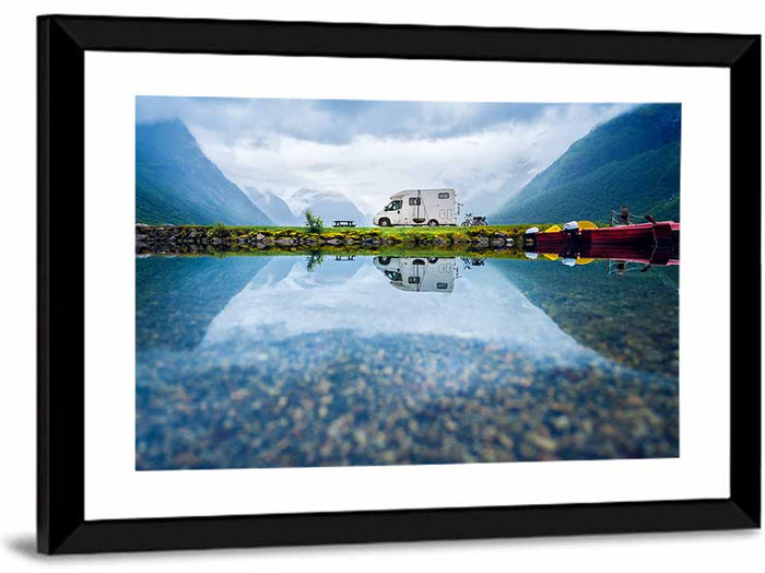 Motorhome by Mountain Lake Wall Art as a framed print