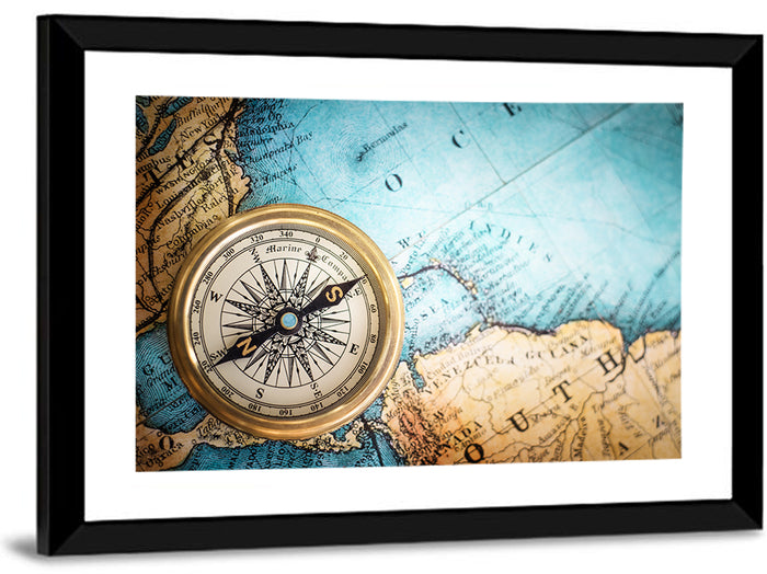 Vintage Compass Over Atlantic Map Wall Art as a framed print