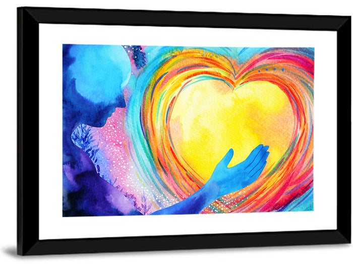 Blue Silhouette with Radiant Heart Wall Art as a framed print