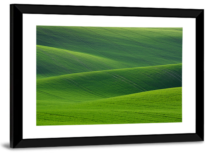 Rolling Emerald Wheat Fields Wall Art as a framed print