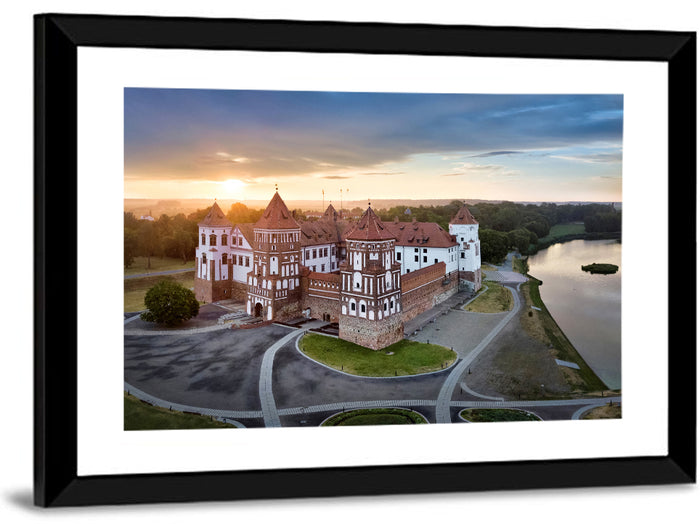 Mir Castle Sunrise Over Lake Wall Art as a framed print