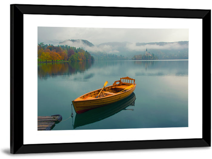 Tethered Boat on Lake Bled Wall Art as a framed print