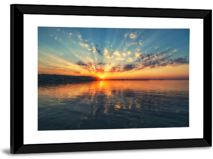 Sunburst Over River Wall Art as a framed print