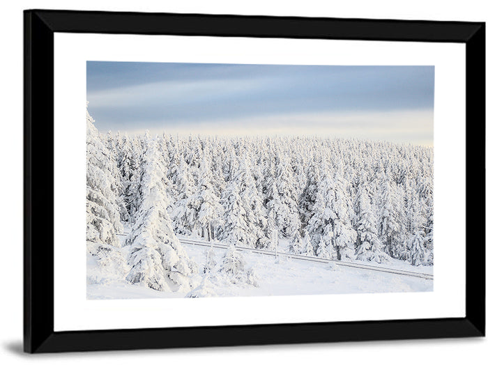 Snowy Forest Railway Tracks Wall Art as a framed print