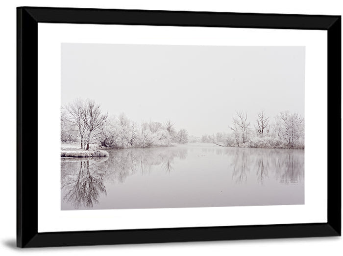 Frozen River Reflection in Winter Fog Wall Art as a framed print