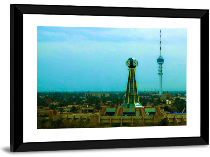 Baghdad Clock Tower Cityscape Wall Art as a framed print