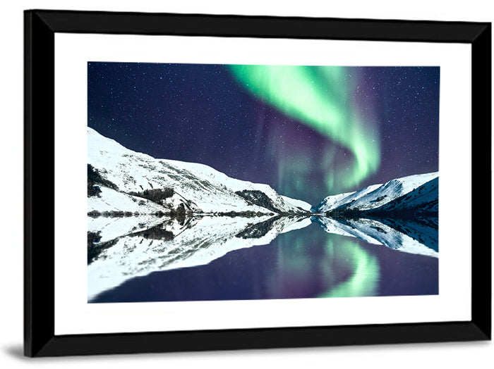Emerald Aurora Over Mirror Lake Wall Art as a framed print