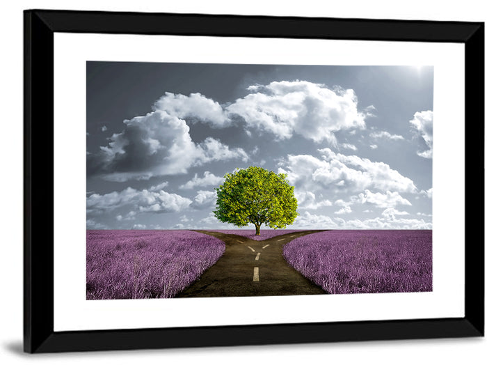 Lavender Field Crossroads with Lone Tree Wall Art as a framed print
