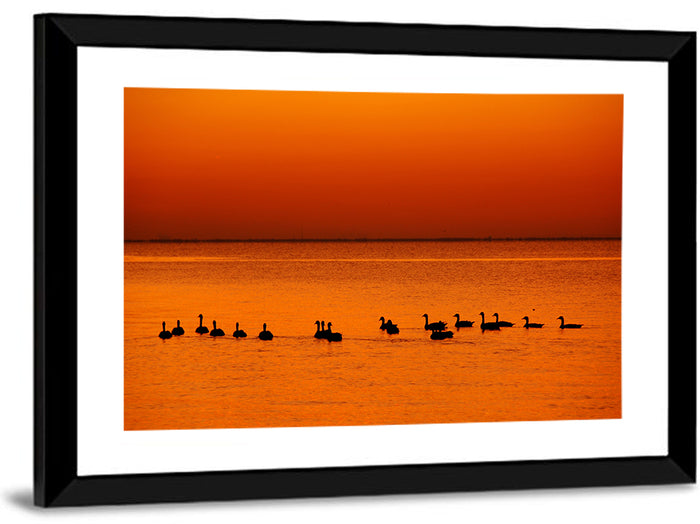 Geese Silhouettes at Orange Sunset Wall Art as a framed print