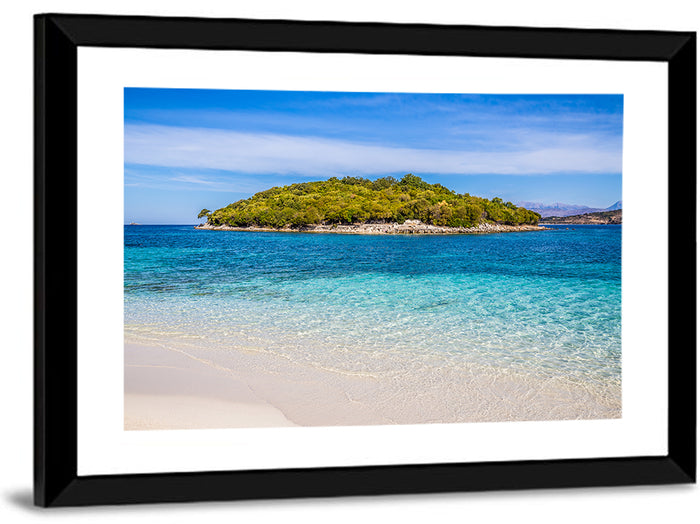 Butrint Turquoise Island Beach Wall Art as a framed print
