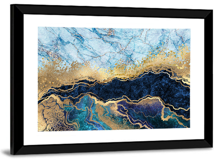 Blue Marble with Gold Veins Wall Art as a framed print