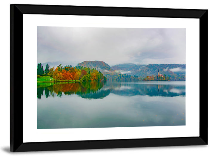 Lake Bled Island Church Wall Art as a framed print