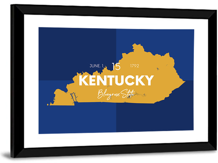 Blue and Gold Kentucky Map Wall Art as a framed print