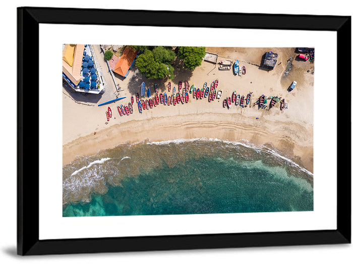Aerial Tarrafal Beach Fishing Boats Wall Art as a framed print
