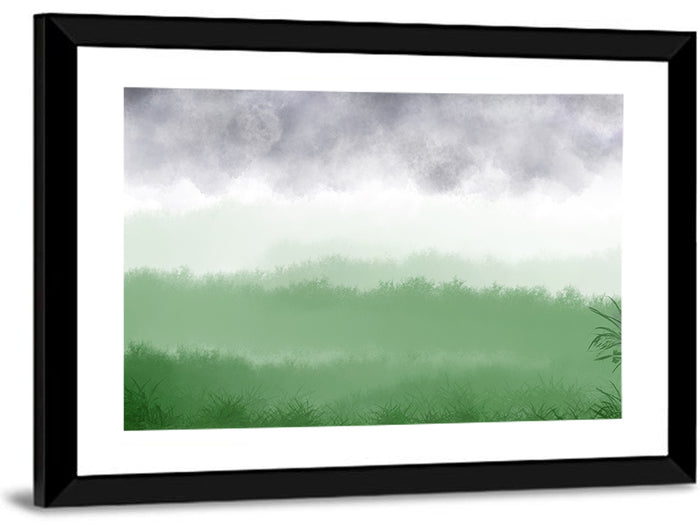 Misty Green Fields Wall Art as a framed print
