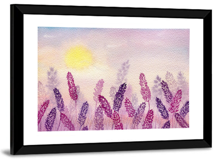Sunlit Lavender Field Wall Art as a framed print