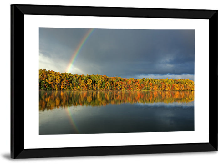 Moccasin Lake Autumn Rainbow Wall Art as a framed print