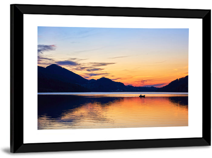 Lake Fuschl Sunset with Boat Wall Art as a framed print