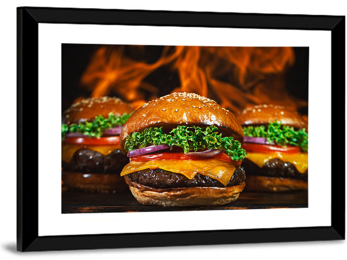 Three Flame Grilled Cheeseburgers Wall Art as a framed print