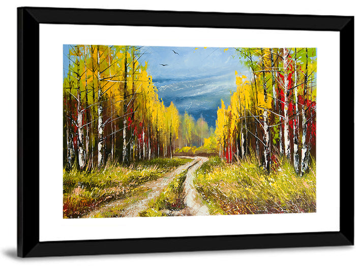 Autumn Birch Path with Two Birds Wall Art as a framed print