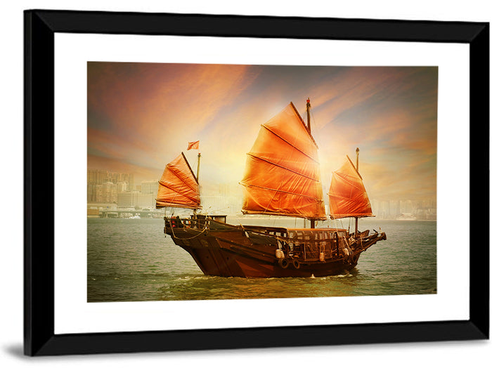 Red Sailed Junk at Victoria Harbour Wall Art as a framed print