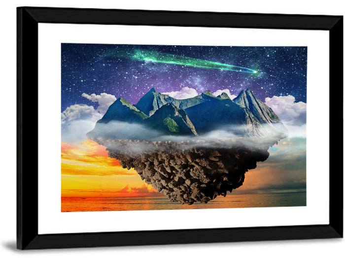Starry Floating Mountain Island Wall Art as a framed print