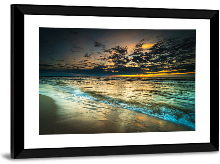 Shoreline Sunset with Boat Silhouette Wall Art as a framed print